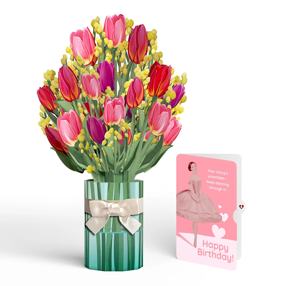 Lovepop Cheerful Tulips Birthday Bouquet and Dancing Through Life Sentiment Set Vase