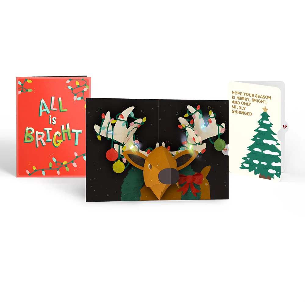 Lovepop All Is Bright Holiday Reindeer Light-Up Pop-Up Card and Blessing Tree Sentiment Set Cream