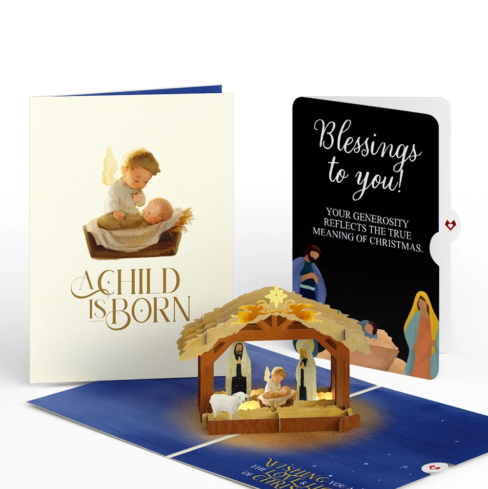 Lovepop A Child is Born Nativity Christmas Light-Up Pop-Up Card and Blessings Sentiment Set Cream
