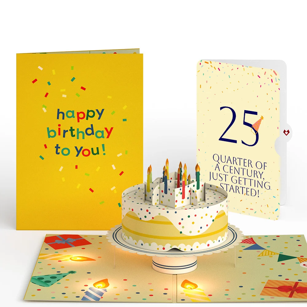 Lovepop Happy 25th Birthday Confetti Cake Music and Lights Pop-Up Card and Party Hat Sentiment Set Candle