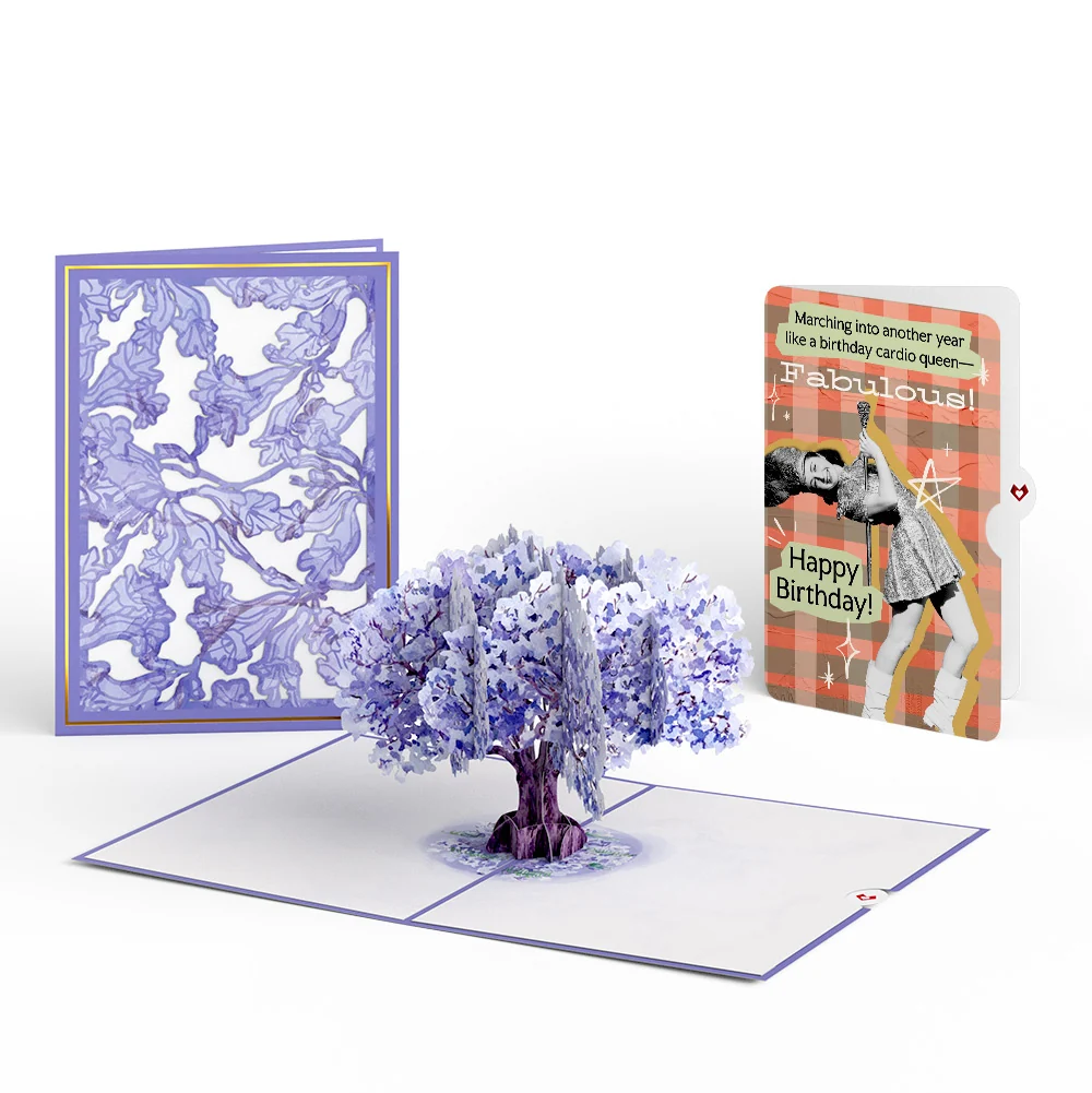Lovepop Watercolor Jacaranda Tree Birthday Pop-Up Card and Cardio Queen Sentiment Set