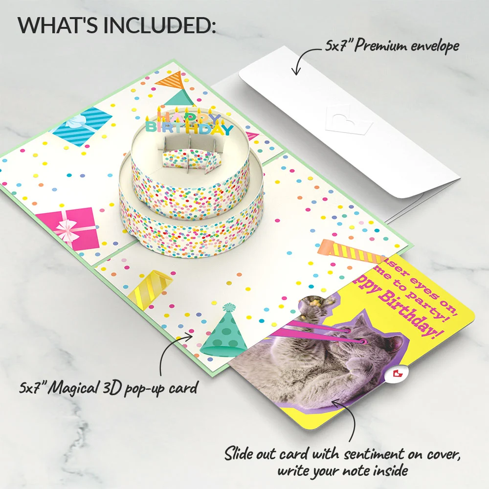 Lovepop Sprinkles Birthday Cake with Cat Laser Eyes Pop-Up Card and Sentiment Set Candle - Image 2