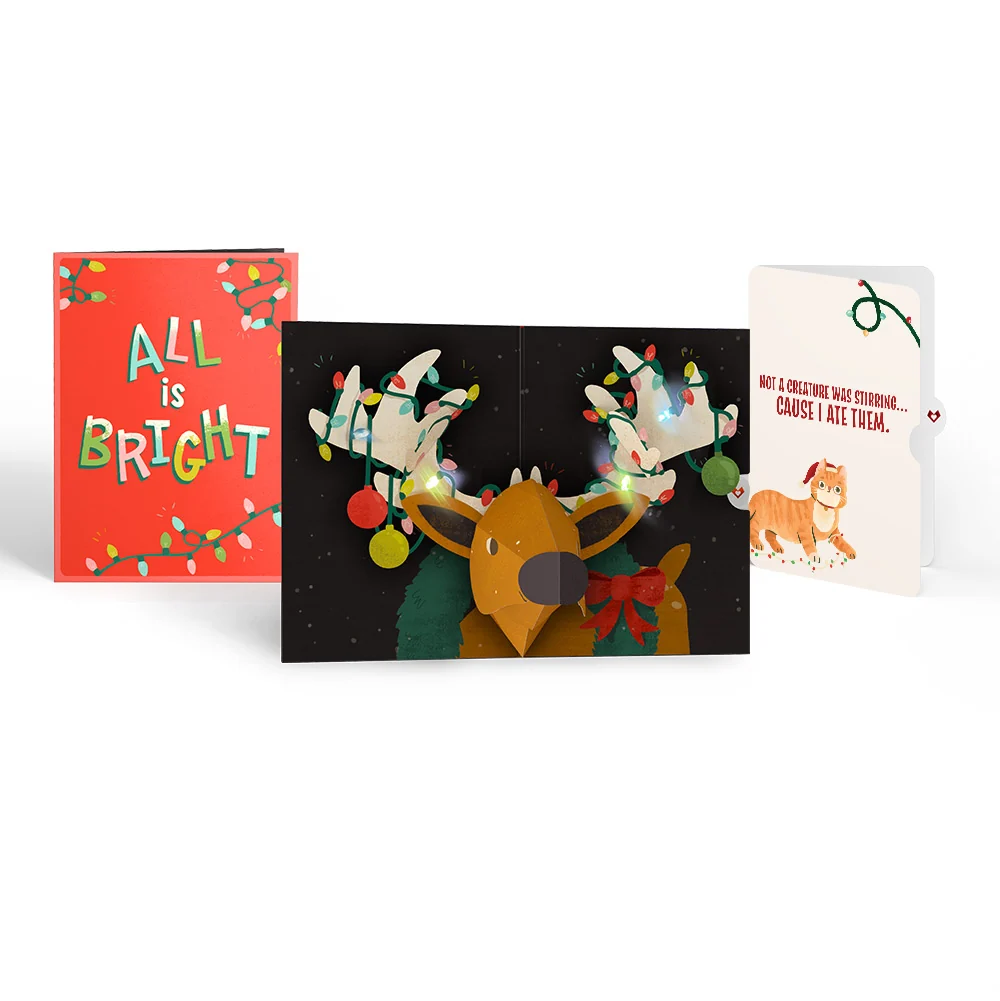 Lovepop All Is Bright Holiday Reindeer Light-Up Pop-Up Card and Hungry Cat Sentiment Set Cream