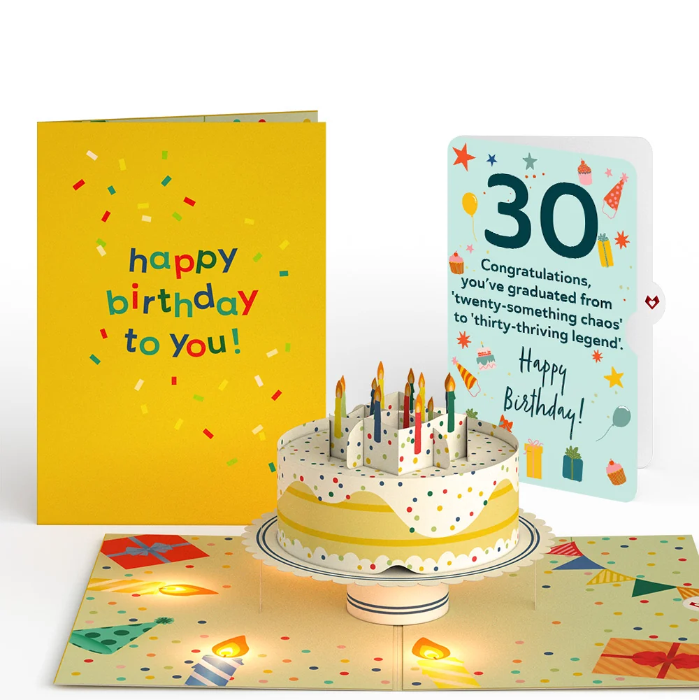 Lovepop Happy 30th Birthday Confetti Cake Music and Lights Pop-Up Card and Sentiment Set Candle