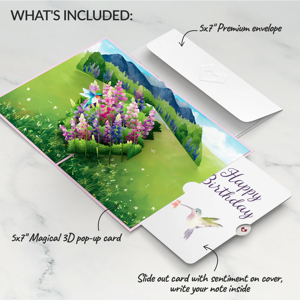 Lovepop Lupine Hummingbird Birthday Pop-Up Card and Hummingbird Kisses Sentiment Set - Image 2
