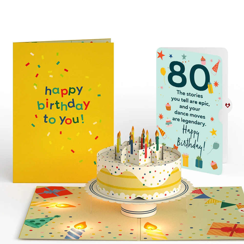 Lovepop Happy 80th Birthday Confetti Cake Music and Lights Pop-Up Card and Sentiment Set Candle