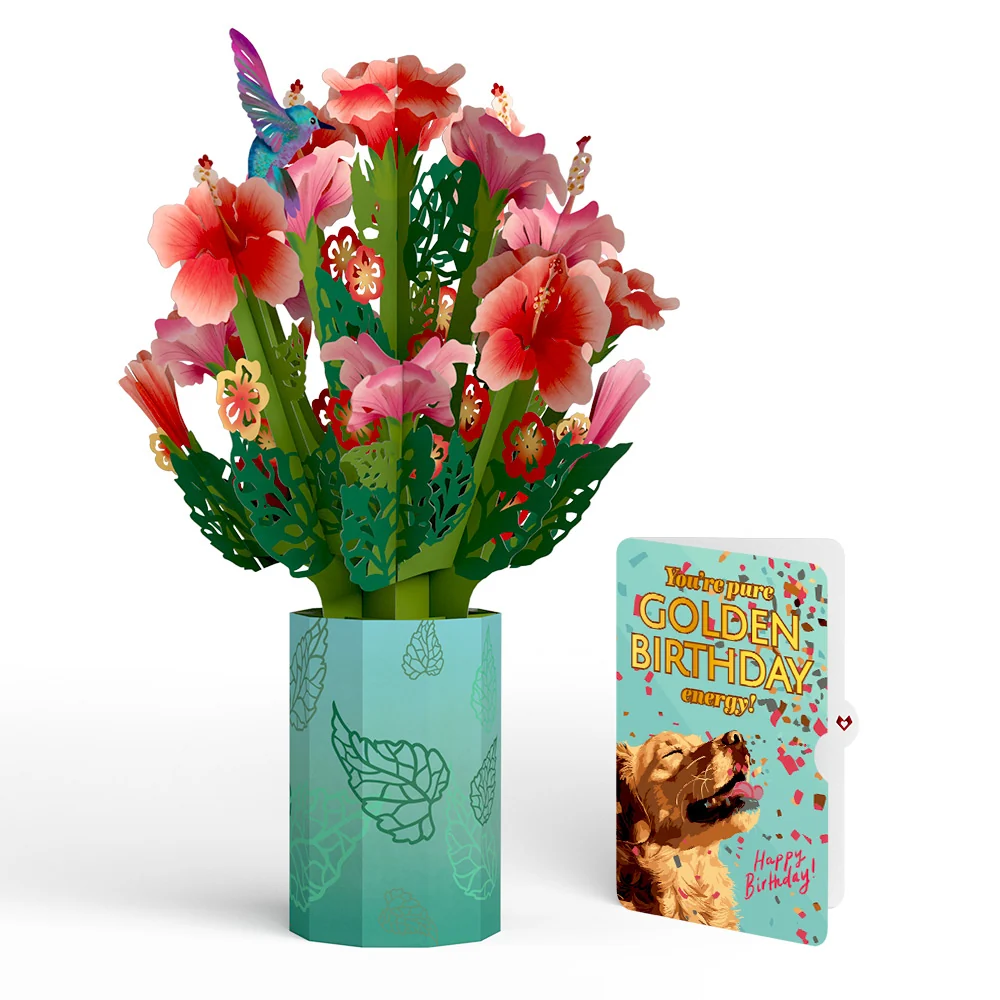 Lovepop Hibiscus Birthday Bouquet and Golden Energy Sentiment Set Vase