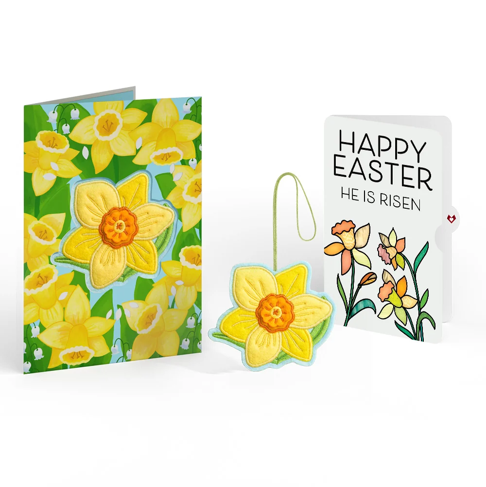 Lovepop Sunny Daffodil Easter Heartfelt Charm Card and Garden Blooms He Is Risen Sentiment Set Bag