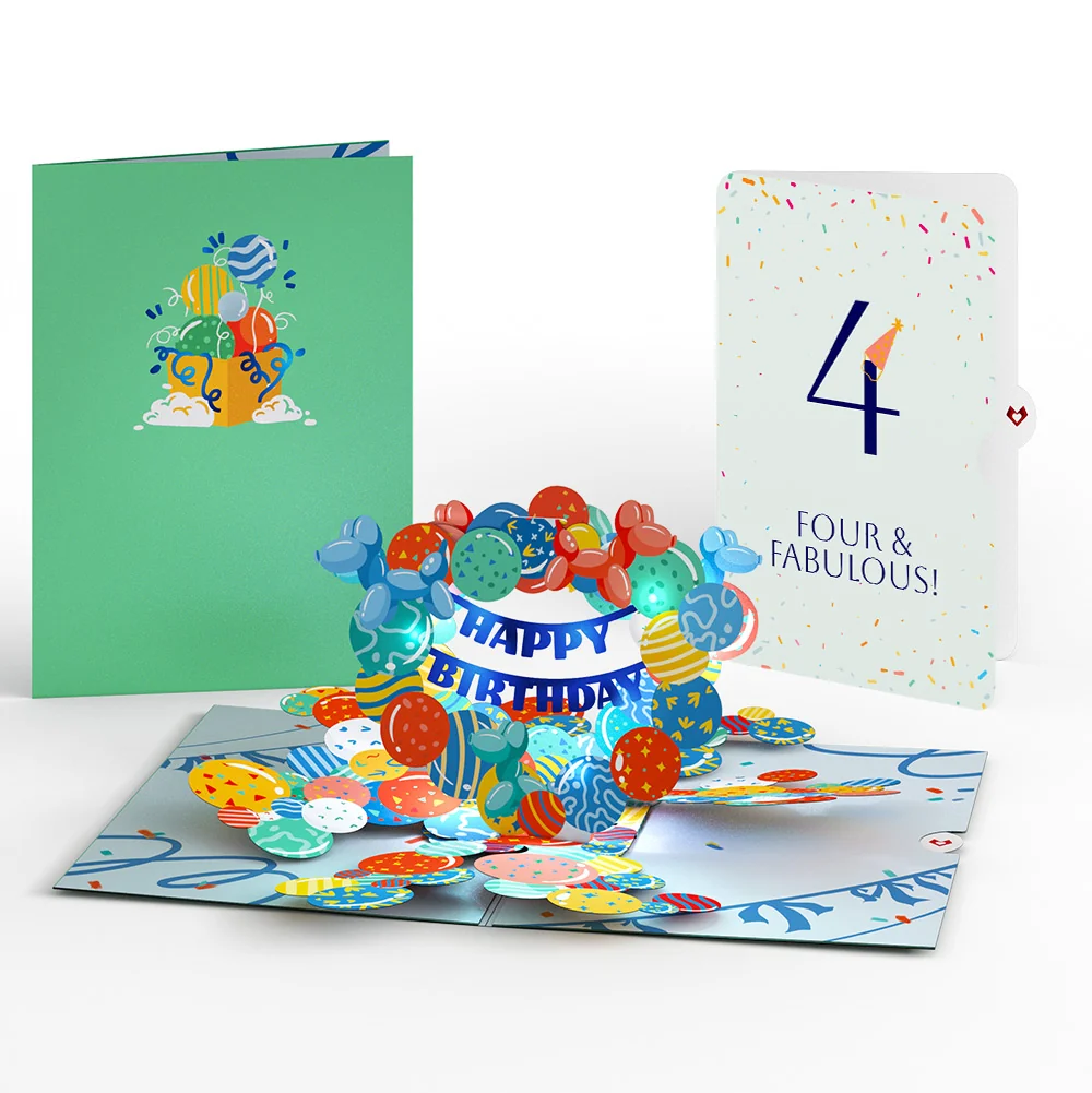 Lovepop Happy 4th Birthday Balloons Music and Lights Pop-Up Card and Party Hat Sentiment Set