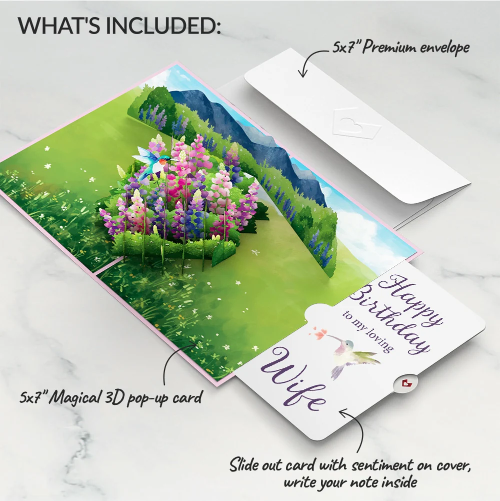 Lovepop Lupine Hummingbird Birthday Pop-Up Card and Sentiment Set for Wife - Image 2