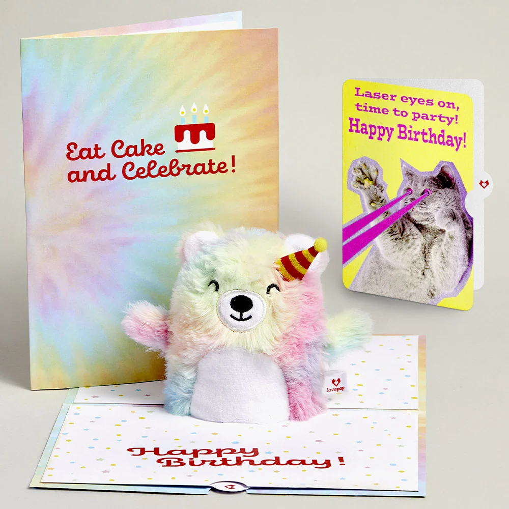 Lovepop Rainbow Bear with Cat Laser Eyes Birthday Plushpop Card and Sentiment Set