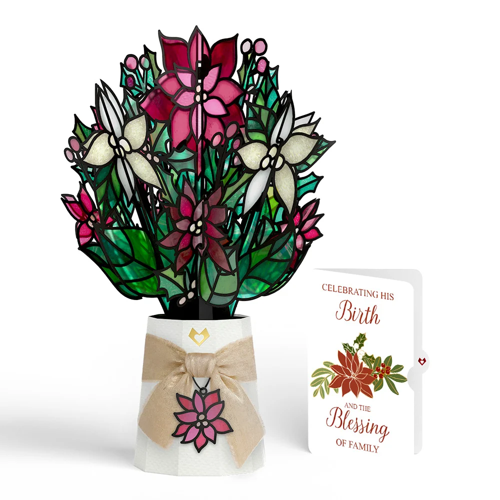 Lovepop Poinsettia Shimmer Christmas Suncatcher Bouquet and Blessing Sentiment Set Glass