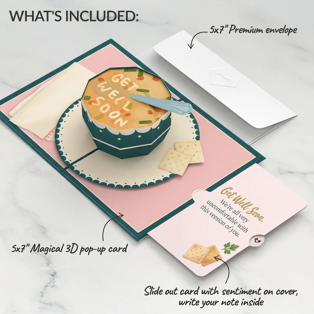 Lovepop Get Well Soon Soup Pop-Up Card and Uncomfortable Version Sentiment Set Cream - Image 2