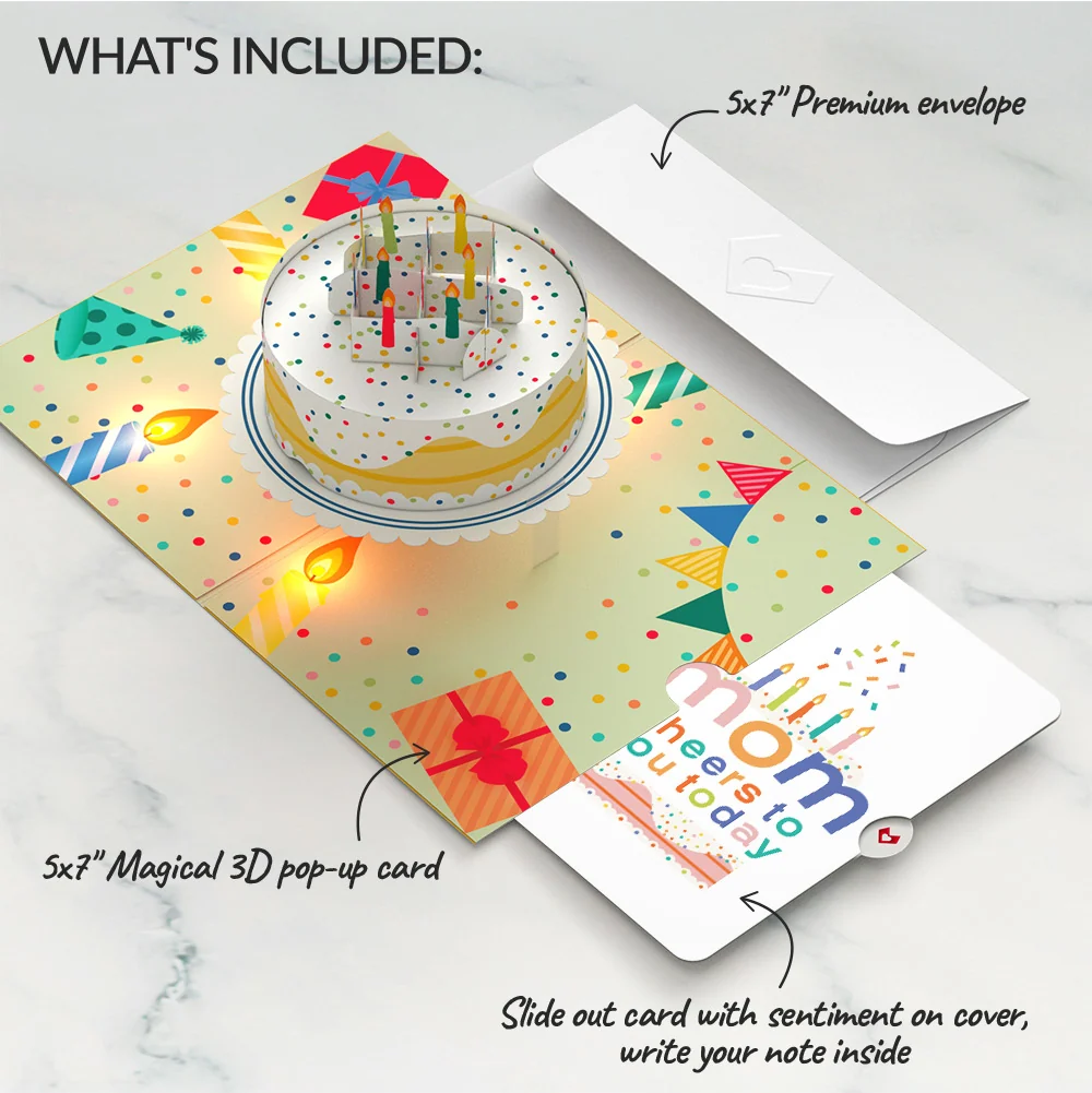 Lovepop Happy Birthday Confetti Cake Music and Lights Pop-Up Card and Sentiment Set for Mom Candle - Image 2