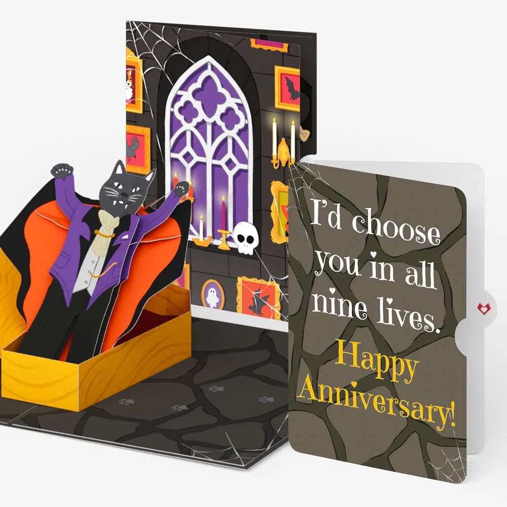 Lovepop Count Catula Halloween Vampire Cat Pop-Up Card and Nine Lives Anniversary Sentiment Set Candle