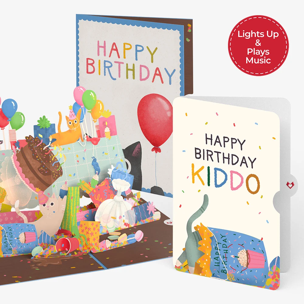 Lovepop Birthday Cat-astrophe Music and Lights Pop-Up Card and Sentiment Set for Kid Cream