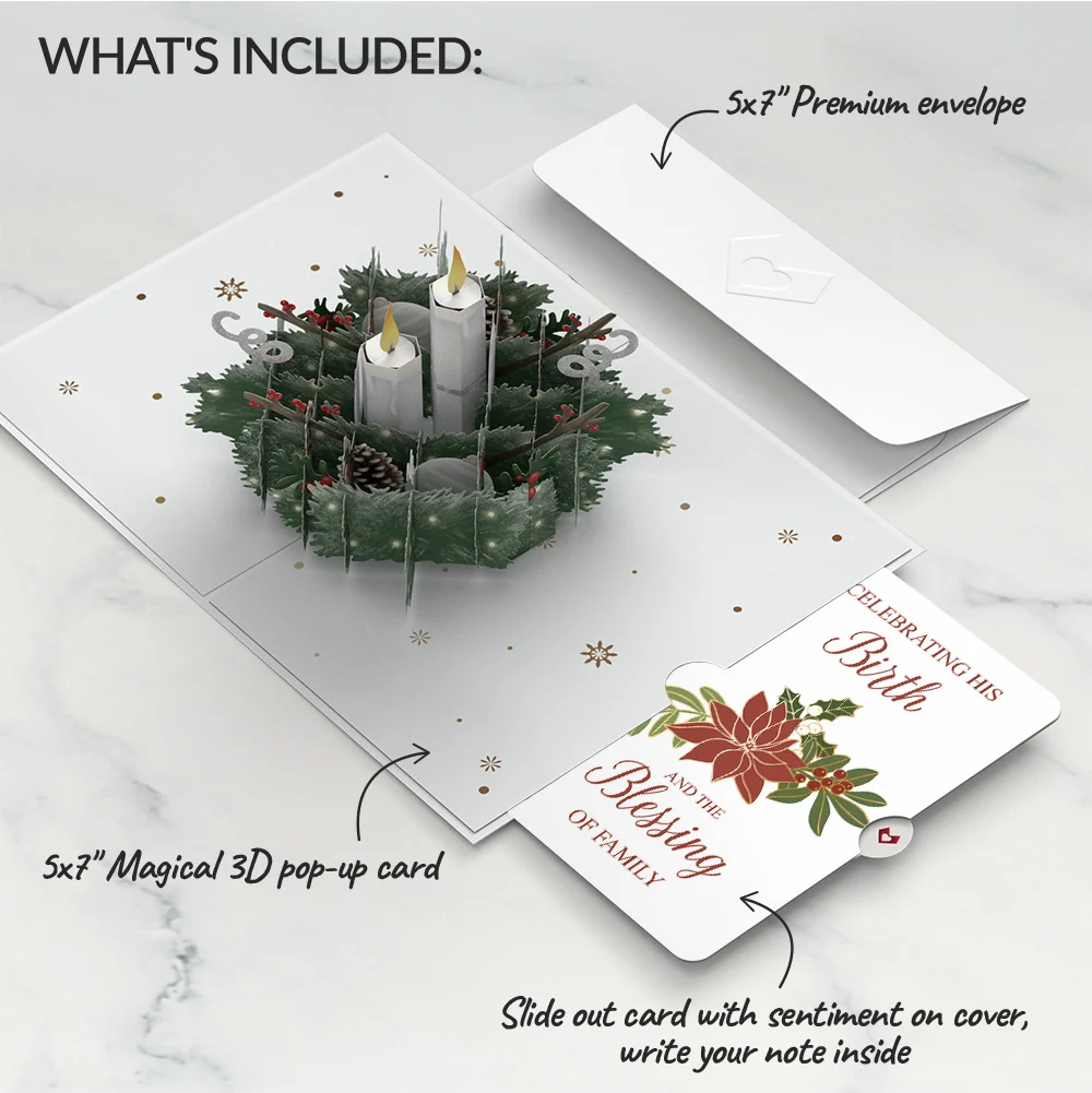 Lovepop Winter Greens Christmas Candle Pop-Up Card and Poinsettia Blessing Sentiment Set - Image 2