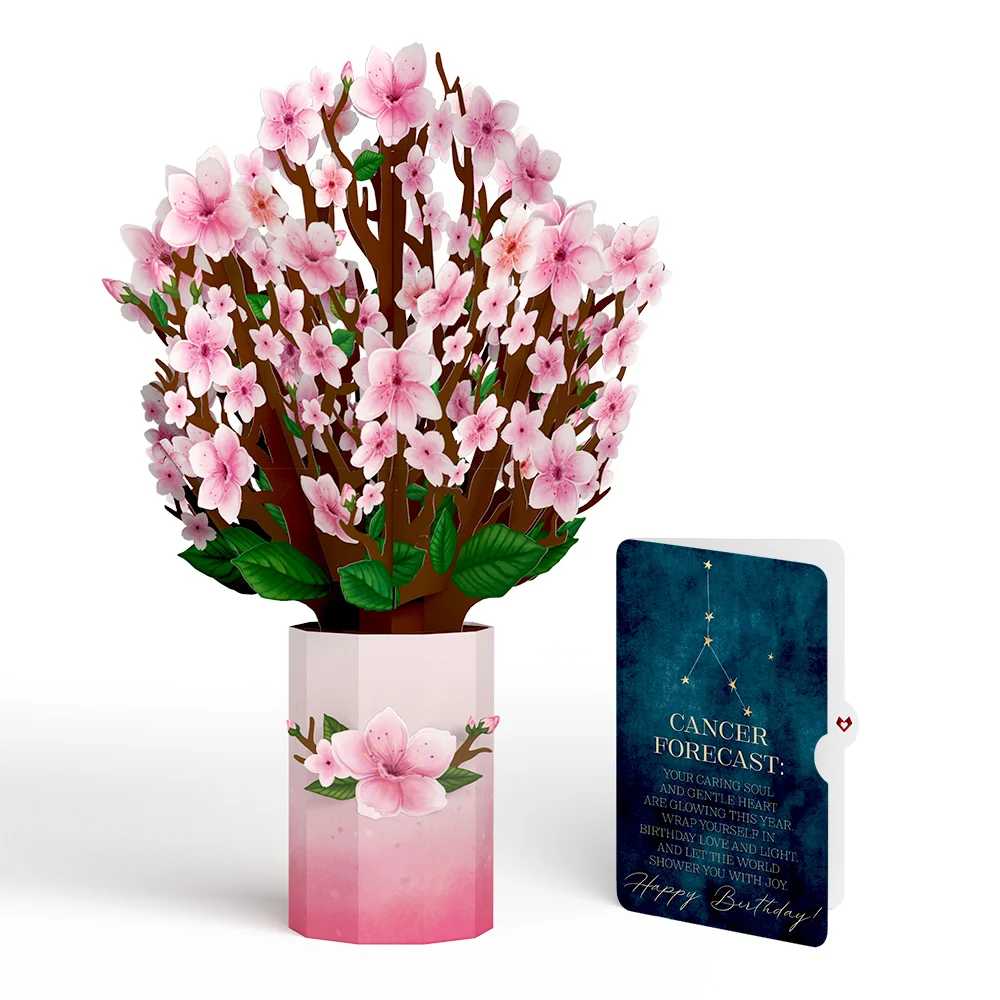 Lovepop Cherry Blossom Birthday Bouquet and Cancer Zodiac Sentiment Set Vase