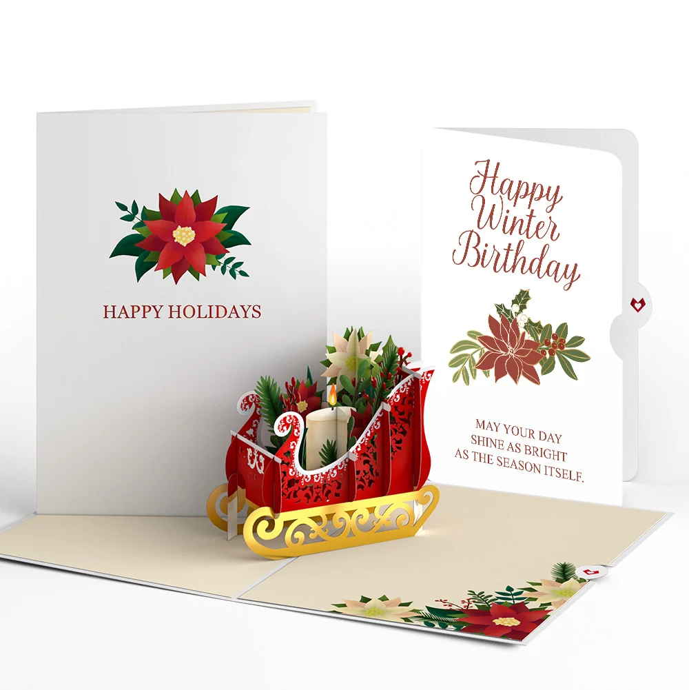 Lovepop Holiday Poinsettia Sleigh Pop-Up Card and Winter Birthday Sentiment Set Candle