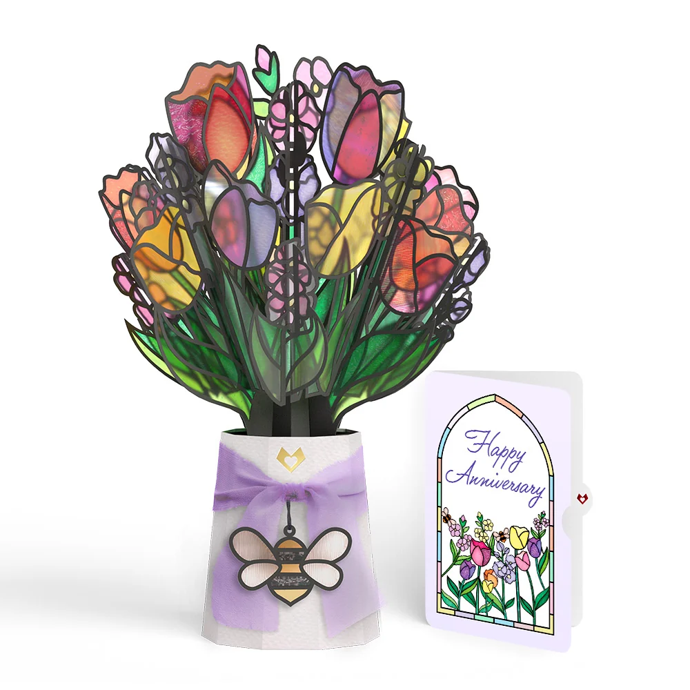 Lovepop Vibrant Tulip Anniversary Suncatcher Bouquet and Sentiment Set Glass
