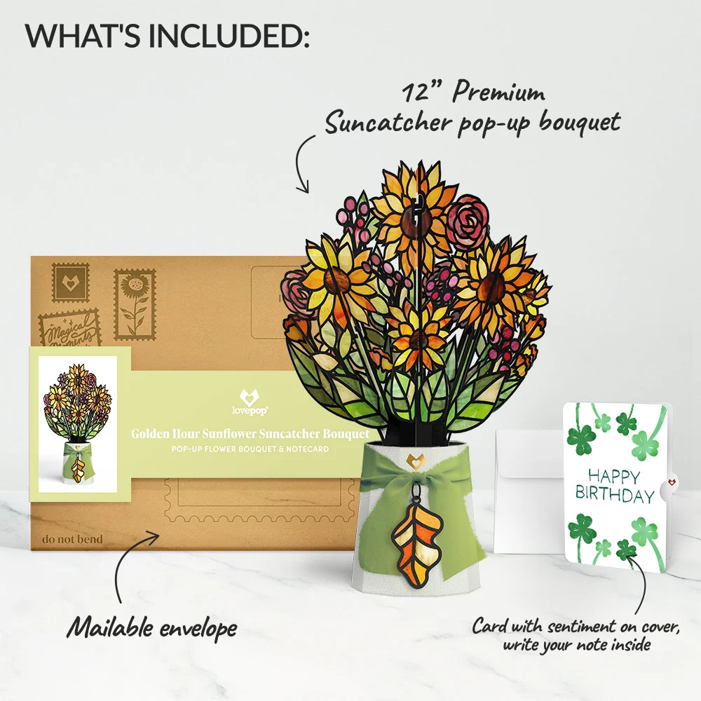 Lovepop Golden Hour Sunflower Birthday Suncatcher Bouquet and Shamrock Sprigs Sentiment Set Glass - Image 2