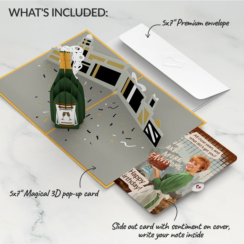 Lovepop Champagne Celebration Birthday Pop-Up Card and More Cake More Awesome Sentiment Set Candle - Image 2