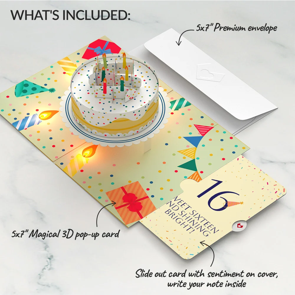Lovepop Happy 16th Birthday Confetti Cake Music and Lights Pop-Up Card and Party Hat Sentiment Set Candle - Image 2
