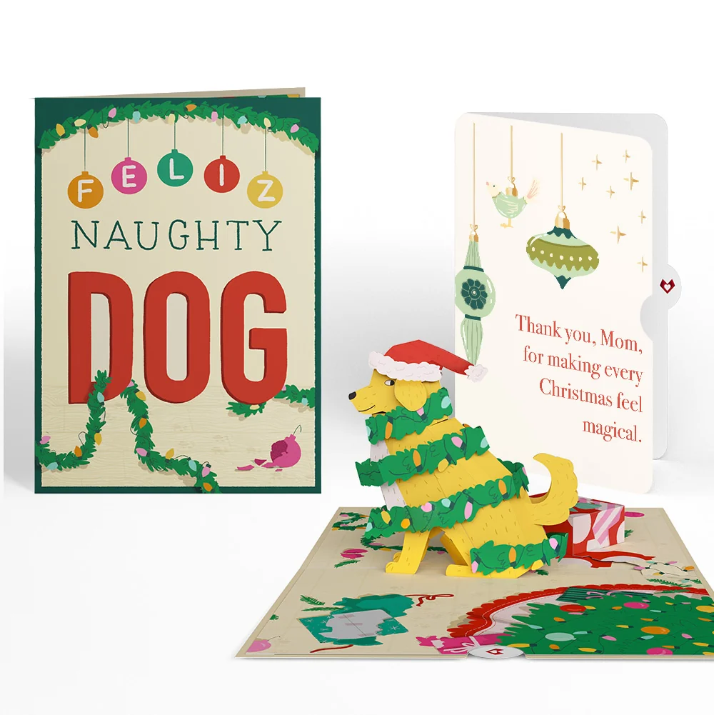 Lovepop Feliz Naughty Dog Christmas Pop-Up Card and Twinkling Ornaments Sentiment Set for Mom Poster