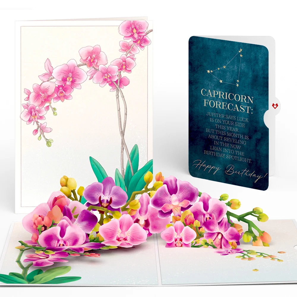Lovepop Watercolor Orchid Birthday Pop-Up Card and Capricorn Zodiac Sentiment Set
