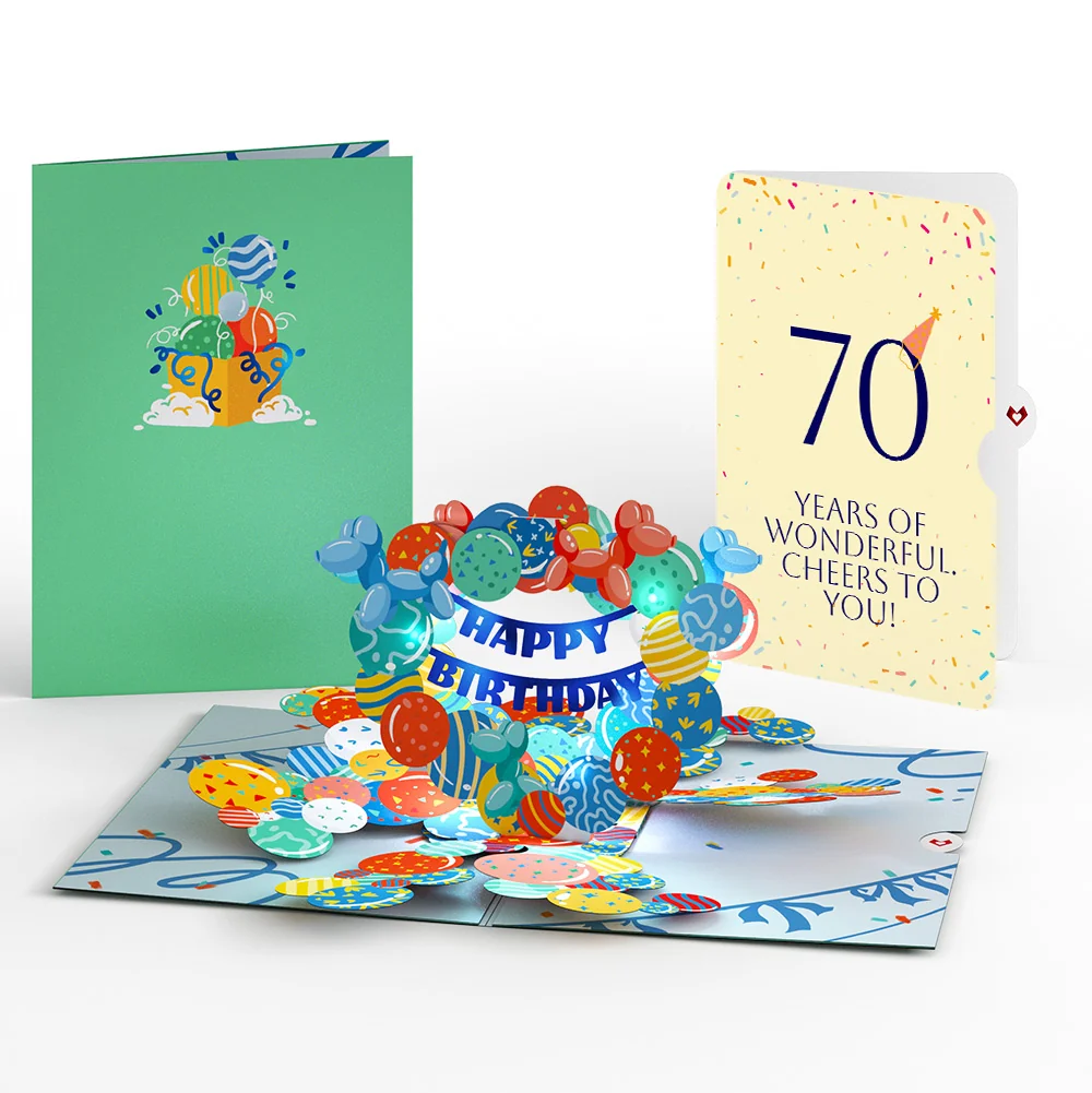 Lovepop Happy 70th Birthday Balloons Music and Lights Pop-Up Card and Party Hat Sentiment Set