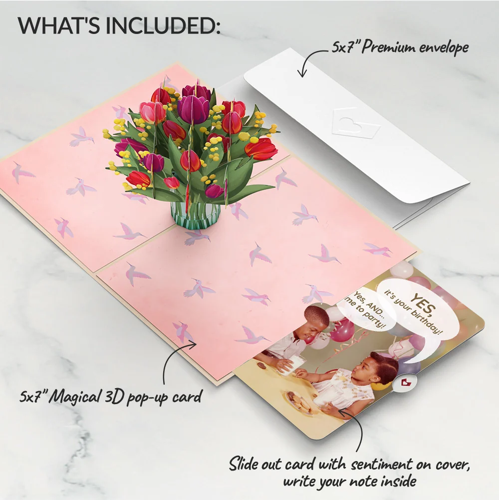 Lovepop Cheerful Tulips Birthday Pop-Up Card and Time to Party Sentiment Set Vase - Image 2