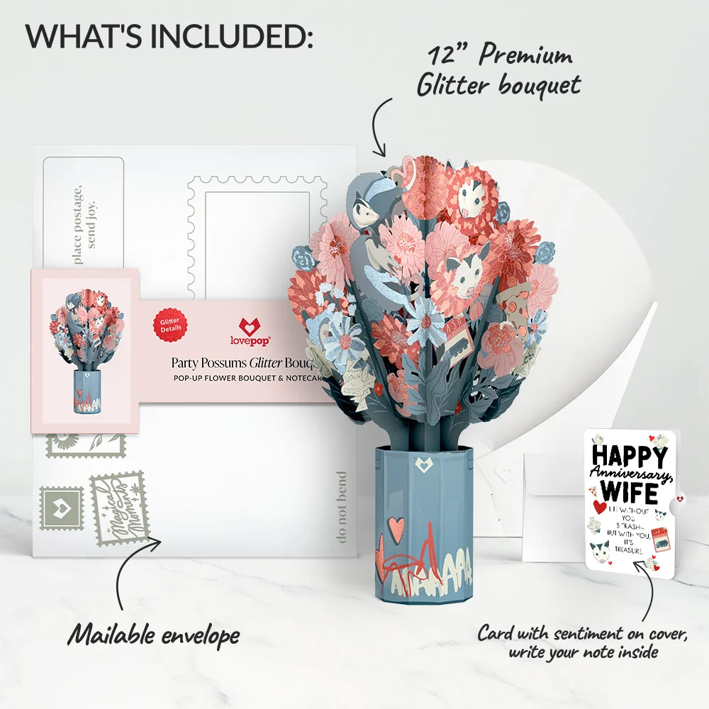 Lovepop Party Possums Anniversary Glitter Bouquet and Sentiment Set for Wife Vase - Image 2