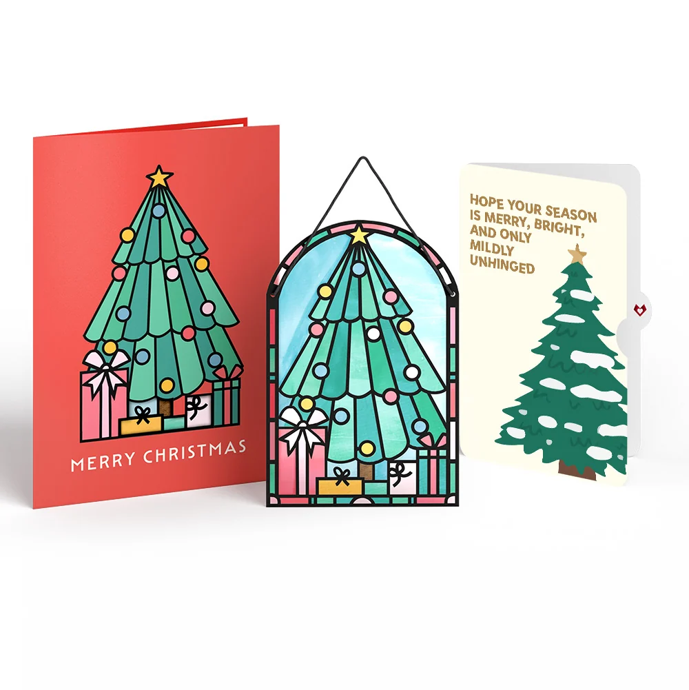 Lovepop Merry Christmas Tree Suncatcher Card and Blessing Sentiment Set Glass