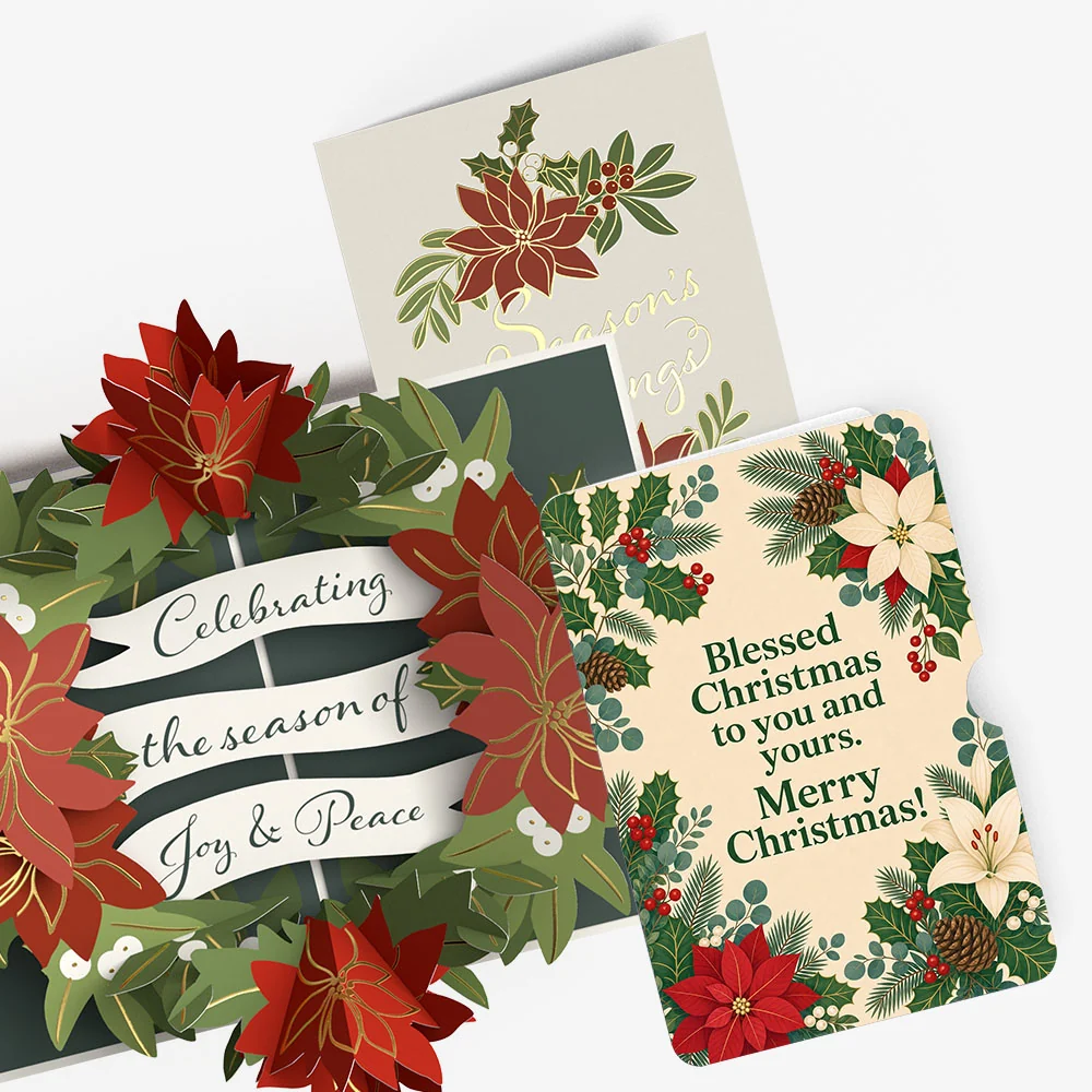 Lovepop Season's Greetings Poinsettia Wreath Christmas Pop-Up Card and Holly Botanicals Sentiment Set Cream