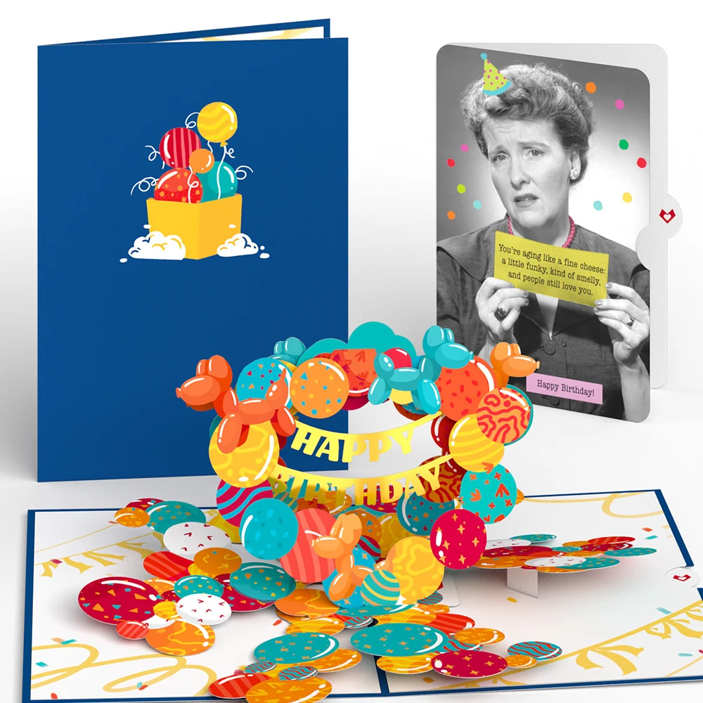 Lovepop Happy Birthday Banner and Balloons Pop-Up Card and Aging Like a Fine Cheese Sentiment Set