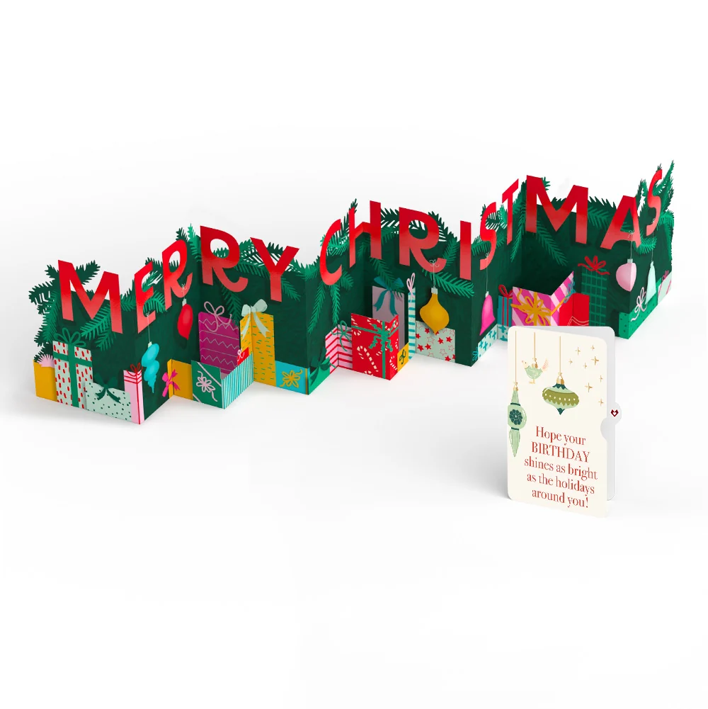 Lovepop Under the Tree Merry Christmas Loooooong Card (Expands to 2 feet) and Twinkling Ornaments Birthday Sentiment Set Cream
