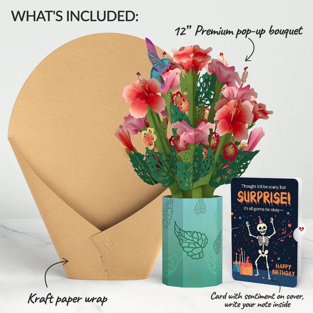 Lovepop Hibiscus Birthday Bouquet and Surprise Skeleton Sentiment Set Vase - Image 2