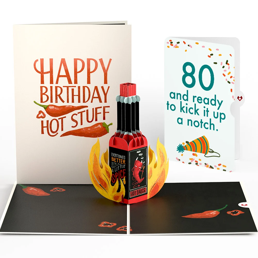 Lovepop Happy Birthday Hot Stuff Pop-Up Card and 80th Kick It Up Sentiment Set Bottle
