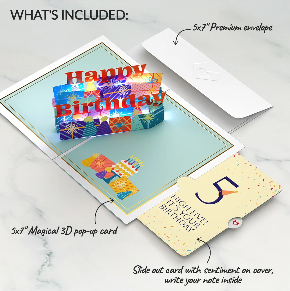 Lovepop Wishing You a Happy 5th Birthday Music and Lights Pop-Up Card and Party Hat Sentiment Set - Image 2