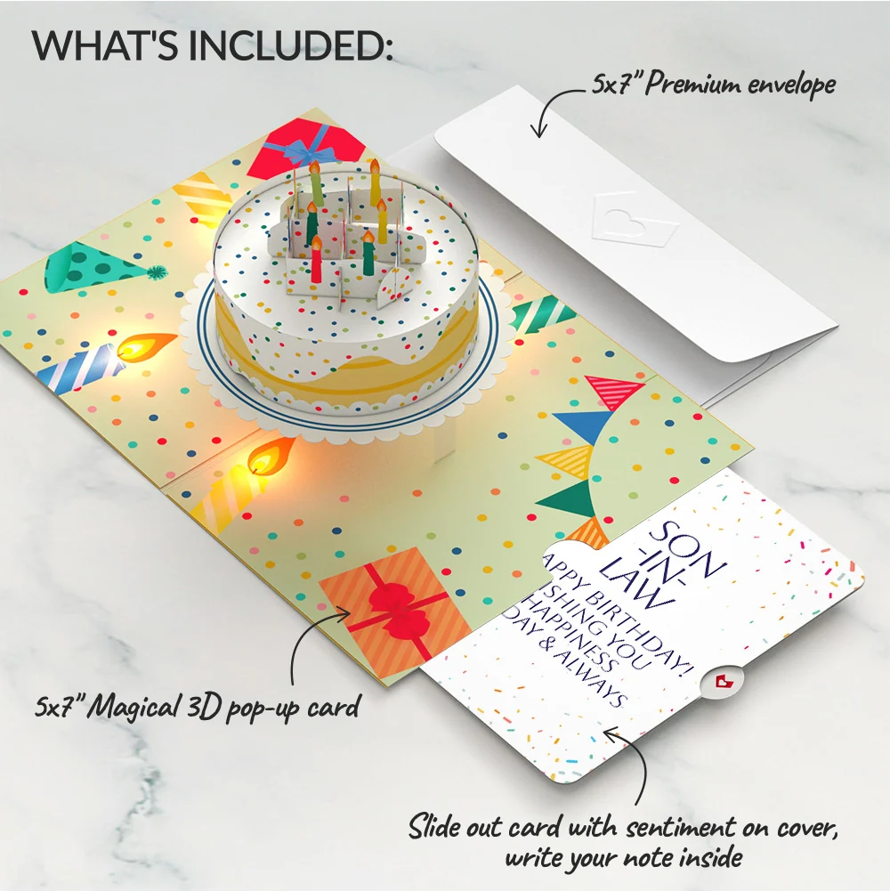 Lovepop Happy Birthday Confetti Cake Music and Lights Pop-Up Card and Sentiment Set for Son-in-law Candle - Image 2