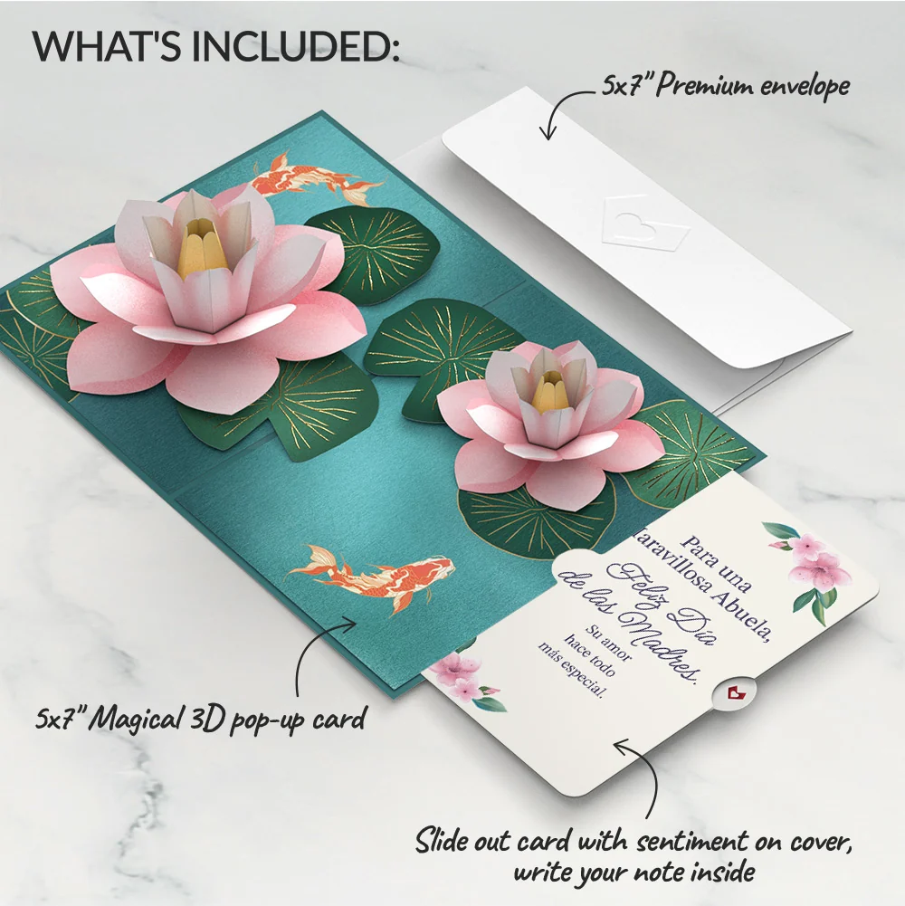 Lovepop Koi Fish and Lotus Pond Mother's Day Pop-Up Card and Sentiment Set for Spanish Grandmother - Image 2