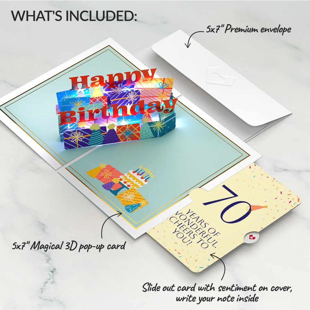 Lovepop Wishing You a Happy 70th Birthday Music and Lights Pop-Up Card and Party Hat Sentiment Set - Image 2
