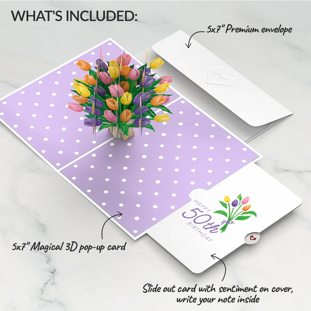 Lovepop Tulips 50th Birthday Pop-Up Card and Spring Tulips Sentiment Set Vase - Image 2