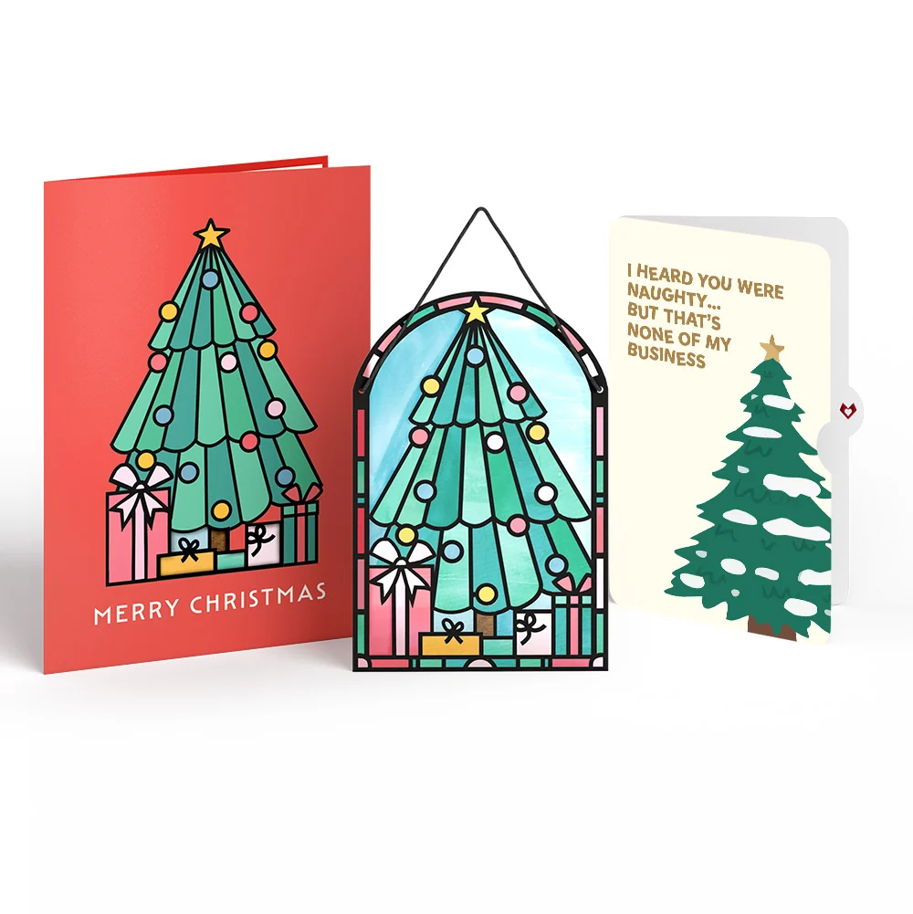Lovepop Merry Christmas Tree Suncatcher Card and Funny Sentiment Set Glass