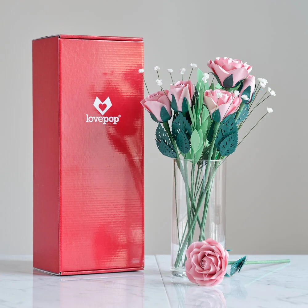 Lovepop Handcrafted Paper Flowers: Pink Roses (6 Stems) with Monarch Butterfly Pop-Up Card Vase - Image 5