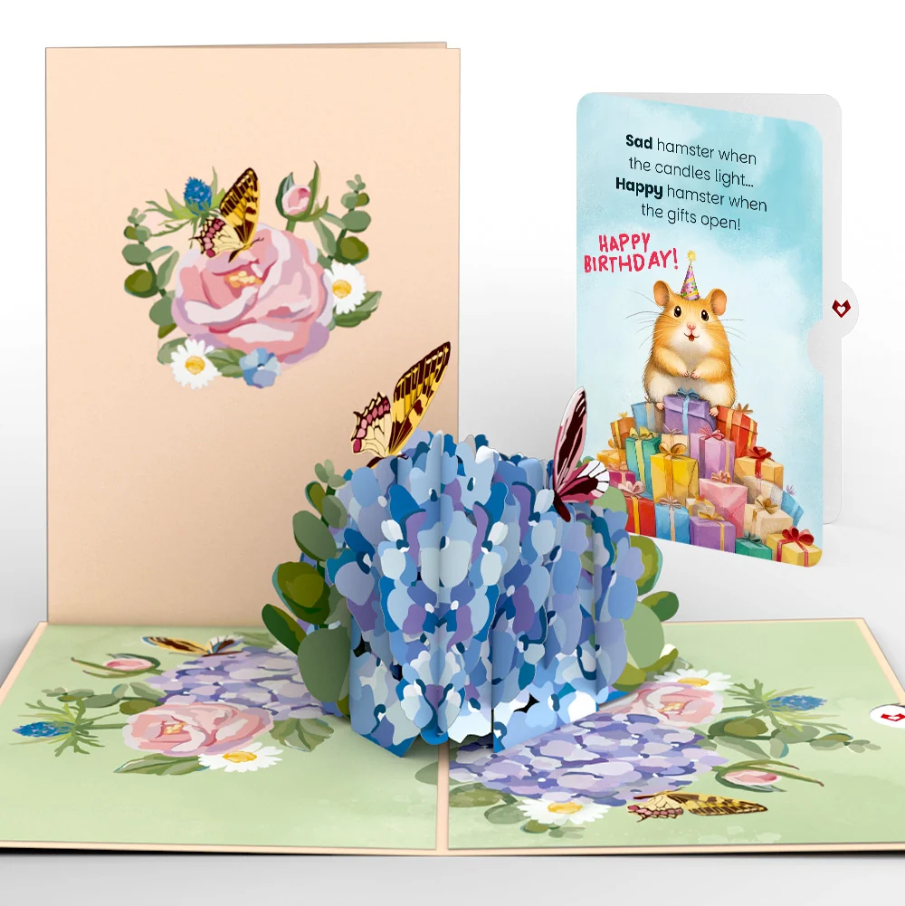 Lovepop Hydrangea Butterflies Birthday Pop-Up Card and Happy Hamster Sentiment Set Candle