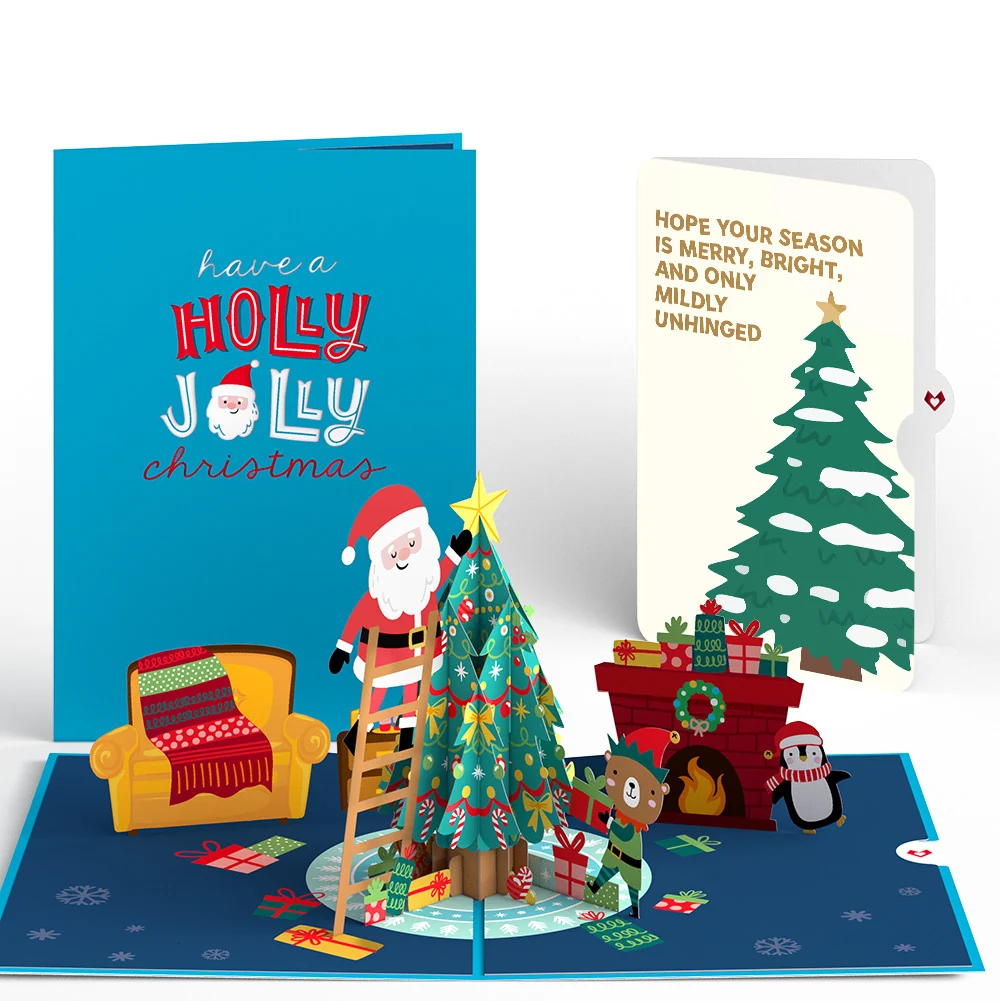 Lovepop Santa Decorating a Christmas Tree Pop-Up Card and Blessing Sentiment Set Cream