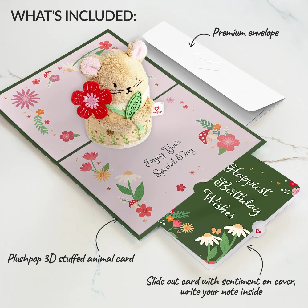 Lovepop 'Happiest Birthday Wishes' Floral Field Mouse Plushpop Card and Sentiment Set - Image 2