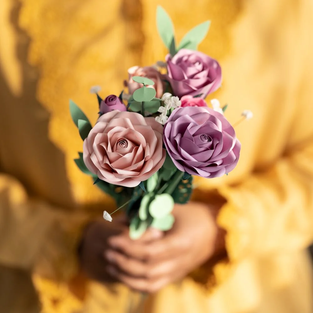 Lovepop Handcrafted Paper Flowers: Pink & Purple Roses (6 Stems) Vase - Image 2