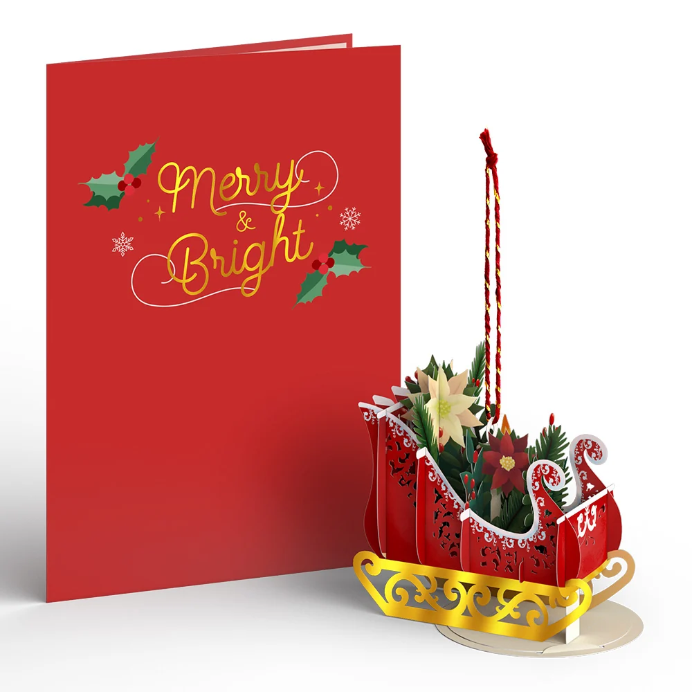 Lovepop Merry and Bright Poinsettia Sleigh Slicegami Ornament Card